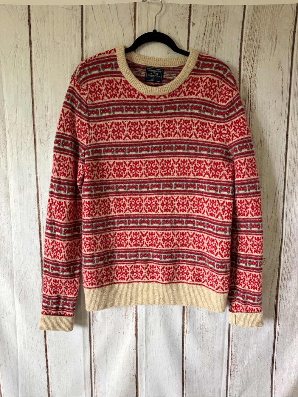 ABERCROMBIE & FITCH Red Nordic Fair Isle Patterned Crewneck Wool Sweater Size L